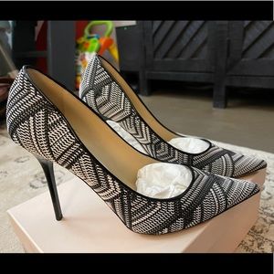 Jimmy Choo High Heel Pumps, Woven Fabric and Leather in Black and White